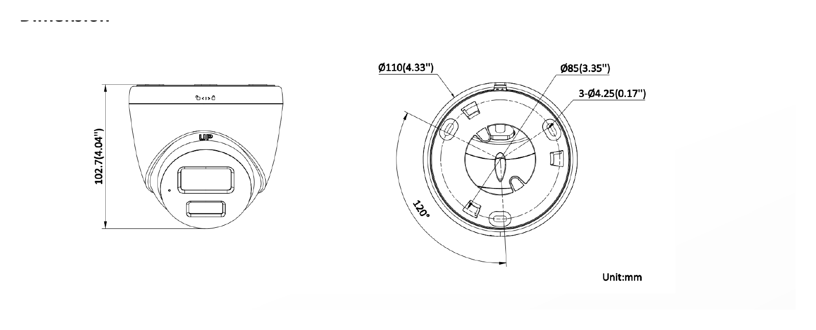 DS-2CE72DF3T-LXTS 外形尺寸圖 Ø 110 mm × 102.7 mm (Ø 4.33" × 4.04")｜重量 Approx. 395 g (0.87 lb.)｜Unit: mm