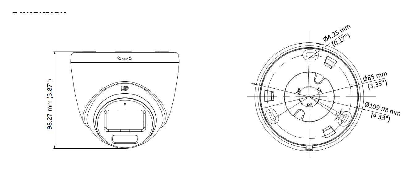 DS-2CE72KF0T-LFS 外形尺寸圖 Ø 109.98 mm × 98.27 mm (Ø 4.33" × 3.87")｜重量 Approx. 320 g (0.71 lb.)｜Unit: mm