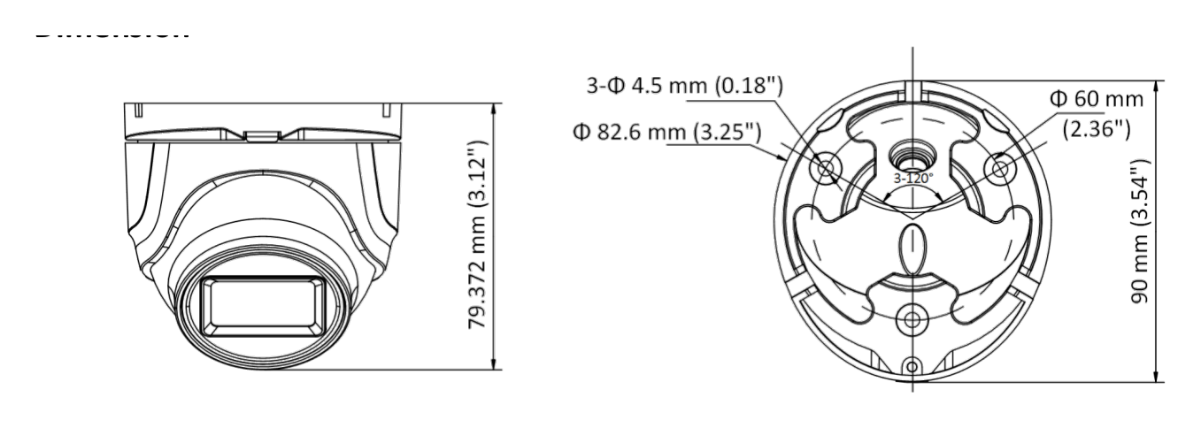 DS-2CE76D0T-EXIMF 外形尺寸圖 90 mm × 82.6 mm × 79.372 mm (3.54" × 3.25" × 3.12")｜重量 Approx. 360g (0.79 lb.)｜Unit: mm