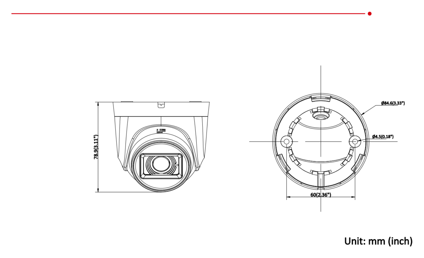 DS-2CE76D0T-EXIP 外形尺寸圖 Ø 84.6 mm × 78.9 mm (Ø 3.33" × 3.11")｜重量 Approx. 130 g (0.29 lb.)｜Unit: mm