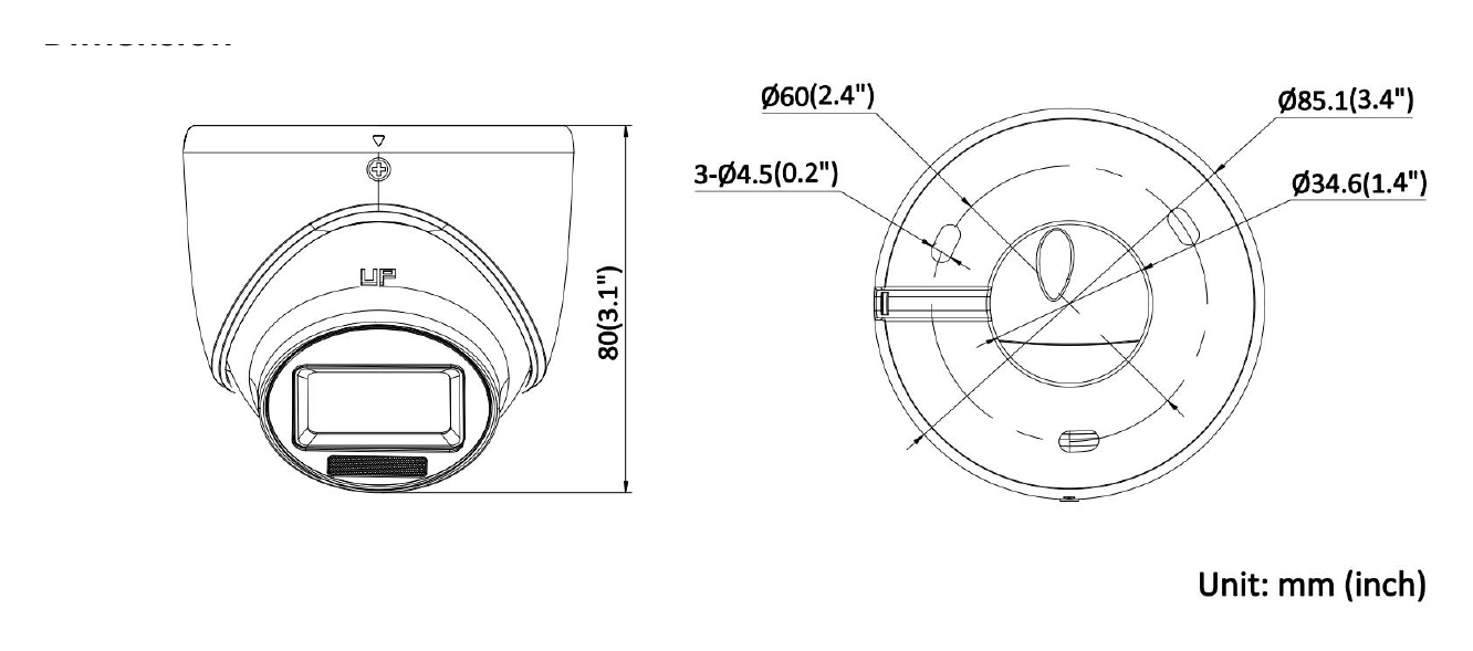 DS-2CE76D0T-EXLMF 外形尺寸圖 Ø 85.1mm × 80 mm (Ø 3.4" x 3.1")｜重量 Max. 290 g (0.64 lb.)｜Unit: mm