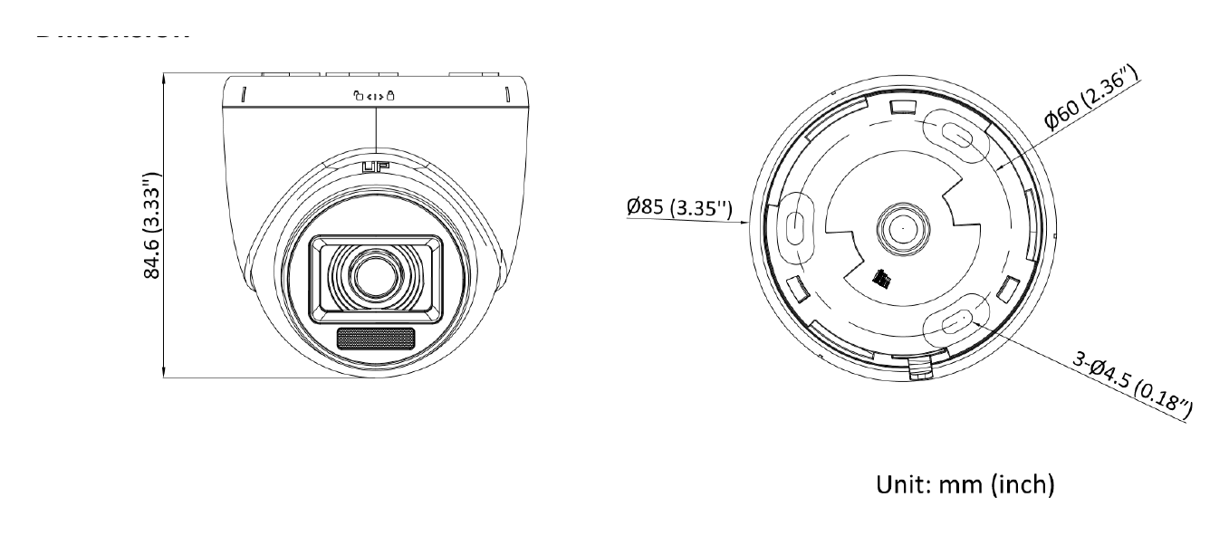 DS-2CE76D0T-EXLPF 外形尺寸圖 Ø 85 mm × 84.6 mm (3.35" × 3.33")｜重量 Max. 150 g (0.33 lb.)｜Unit: mm