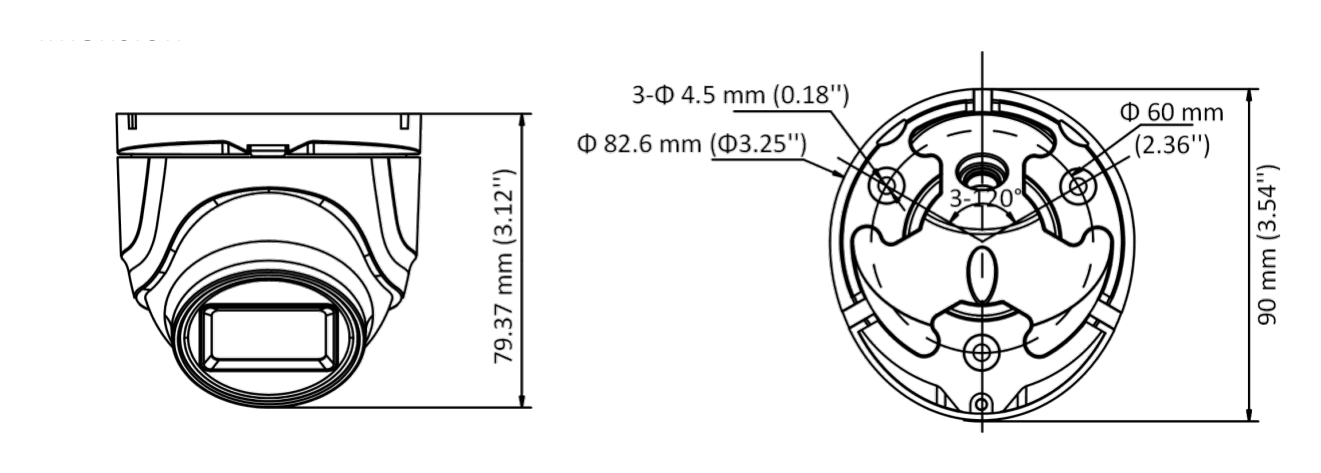 DS-2CE76H0T-ITMFC 外形尺寸圖 Φ 82.6 mm × 90 mm × 79.37 mm (Φ 3.25" × 3.54" × 3.12")｜重量 Approx. 289 g (0.64 lb.)｜Unit: mm