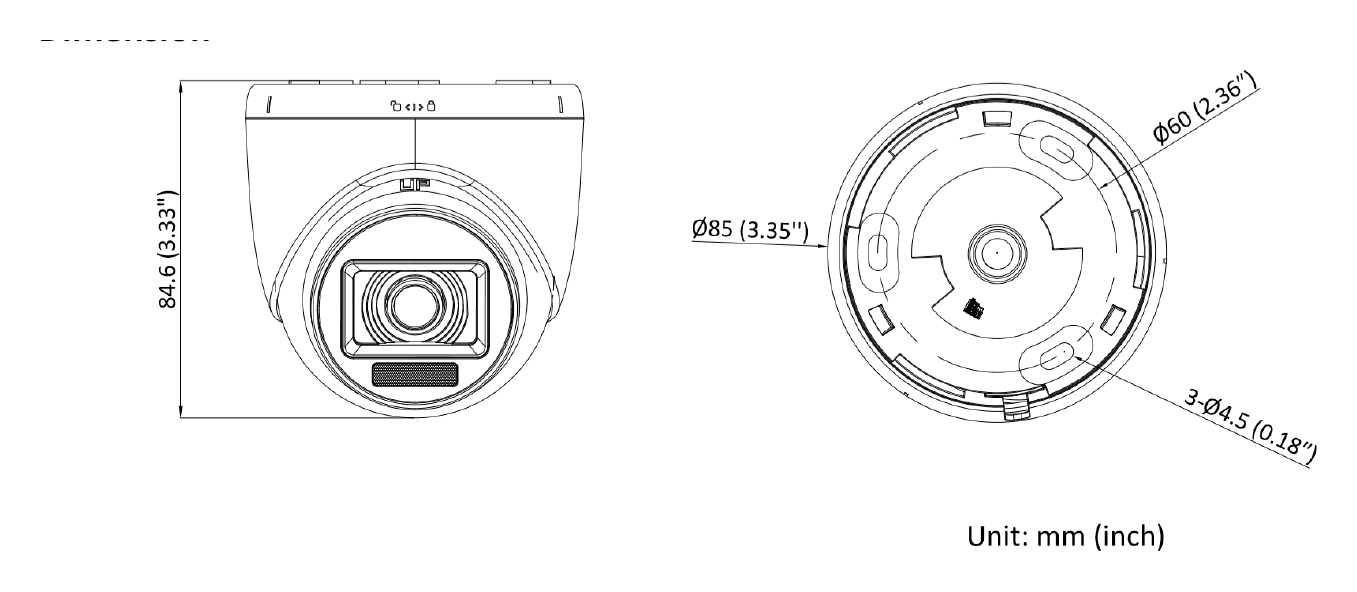 DS-2CE76K0T-EXLPF 外形尺寸圖 Ø 85 mm × 84.6 mm (3.35'' × 3.33'')｜重量 Max. 150 g (0.33 lb.)｜Unit: mm