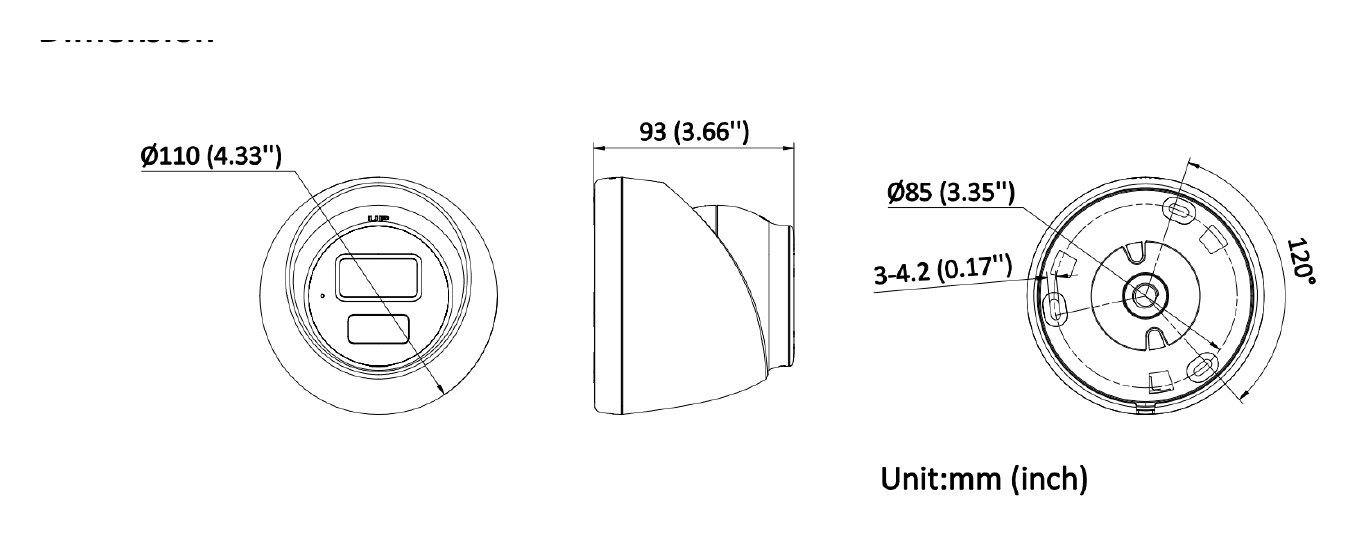 DS-2CE78D0T-LPTS 外形尺寸圖 Ø 110 mm × 93 mm (Ø 4.33" × 3.66")｜重量 Approx. 270 g (0.81 lb.)｜Unit: mm