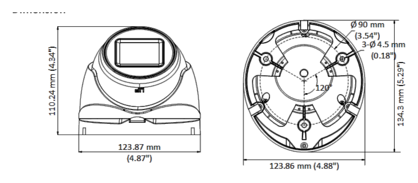 DS-2CE79D3T-IT3ZF 外形尺寸圖 123.87 mm × 110.24 mm × 134.3 mm (4.87" × 4.34" × 5.29")｜重量 Approx. 600 g (1.32 lb.)｜Unit: mm