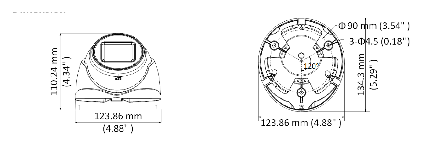 DS-2CE79H8T-AIT3ZF 外形尺寸圖 123.86 mm × 134.3 mm × 110.24 mm (4.88" × 5.29" × 4.34")｜重量 Approx. 630 g (1.39 lb.)｜Unit: mm