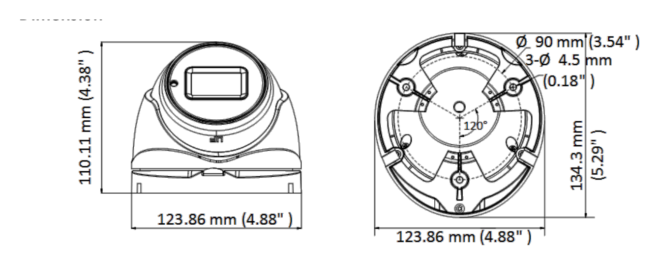 DS-2CE79U1T-IT3ZF 外形尺寸圖 134.3 mm × 123.86 mm × 110.24 mm (5.29" × 4.88" × 4.34")｜重量 Approx. 580 g (1.28 lb.)｜Unit: mm