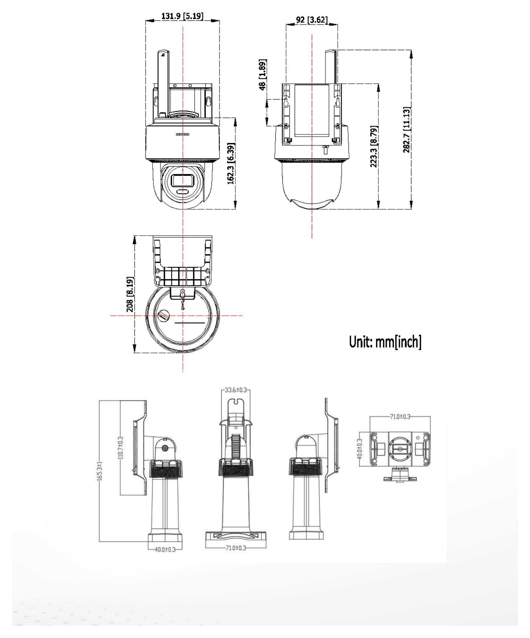 DS-2CFSP4 外形尺寸圖 208 mm × 131 mm × 282.7 mm (8.2" × 7.0" × 11.1")｜重量 Approx. 850 g (1.9 lb.)｜Unit: mm