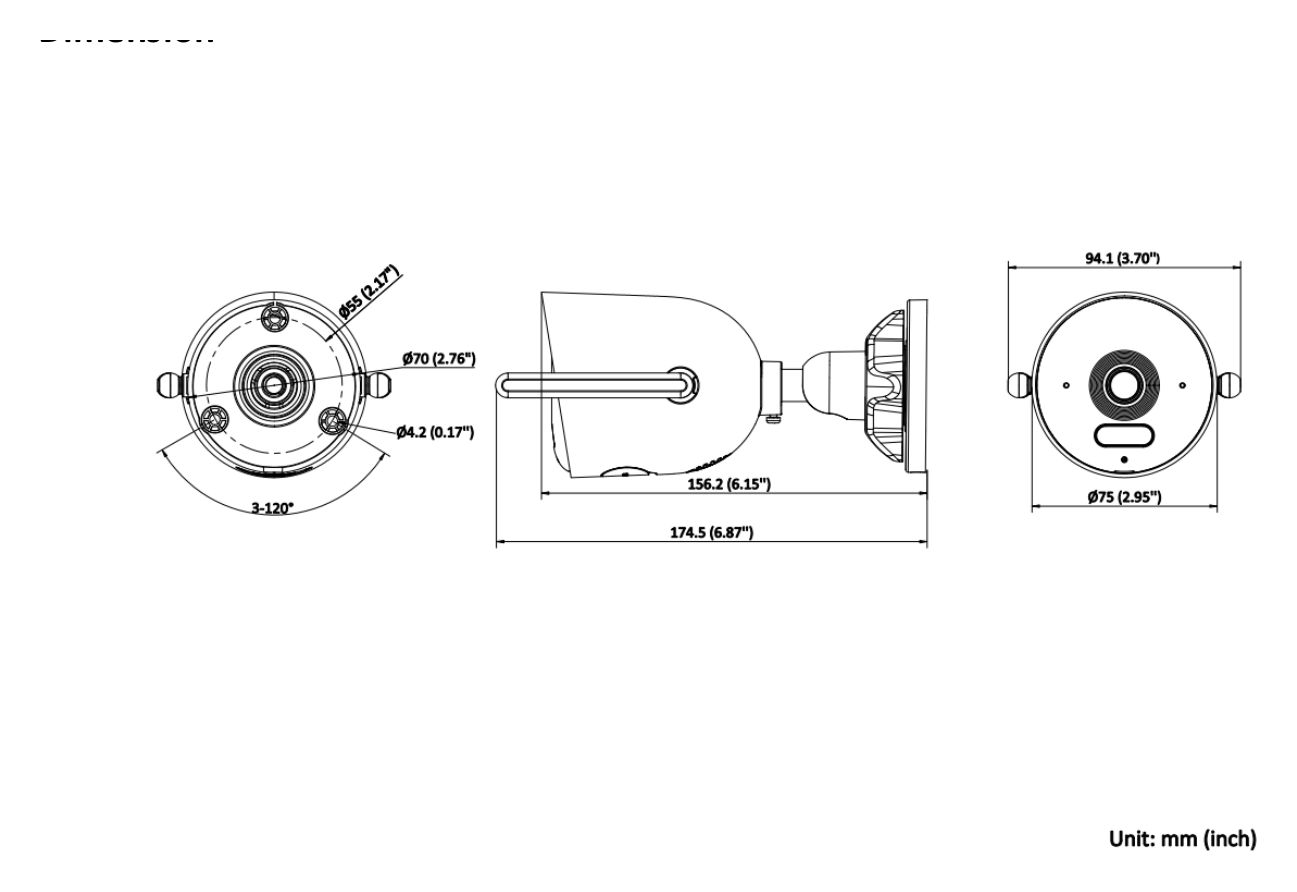 DS-2CFW02 外形尺寸圖 94.1 mm × 75 mm × 174.5 mm (3.7" × 3.0" × 6.9")｜Unit: mm