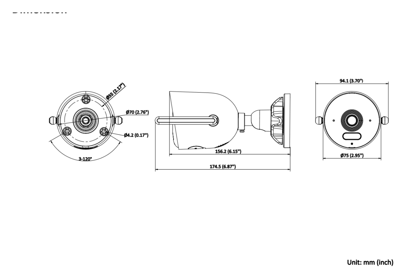 DS-2CFW04 外形尺寸圖 94.1 mm × 75 mm × 174.5 mm (3.7" × 3.0" × 6.9")｜Unit: mm
