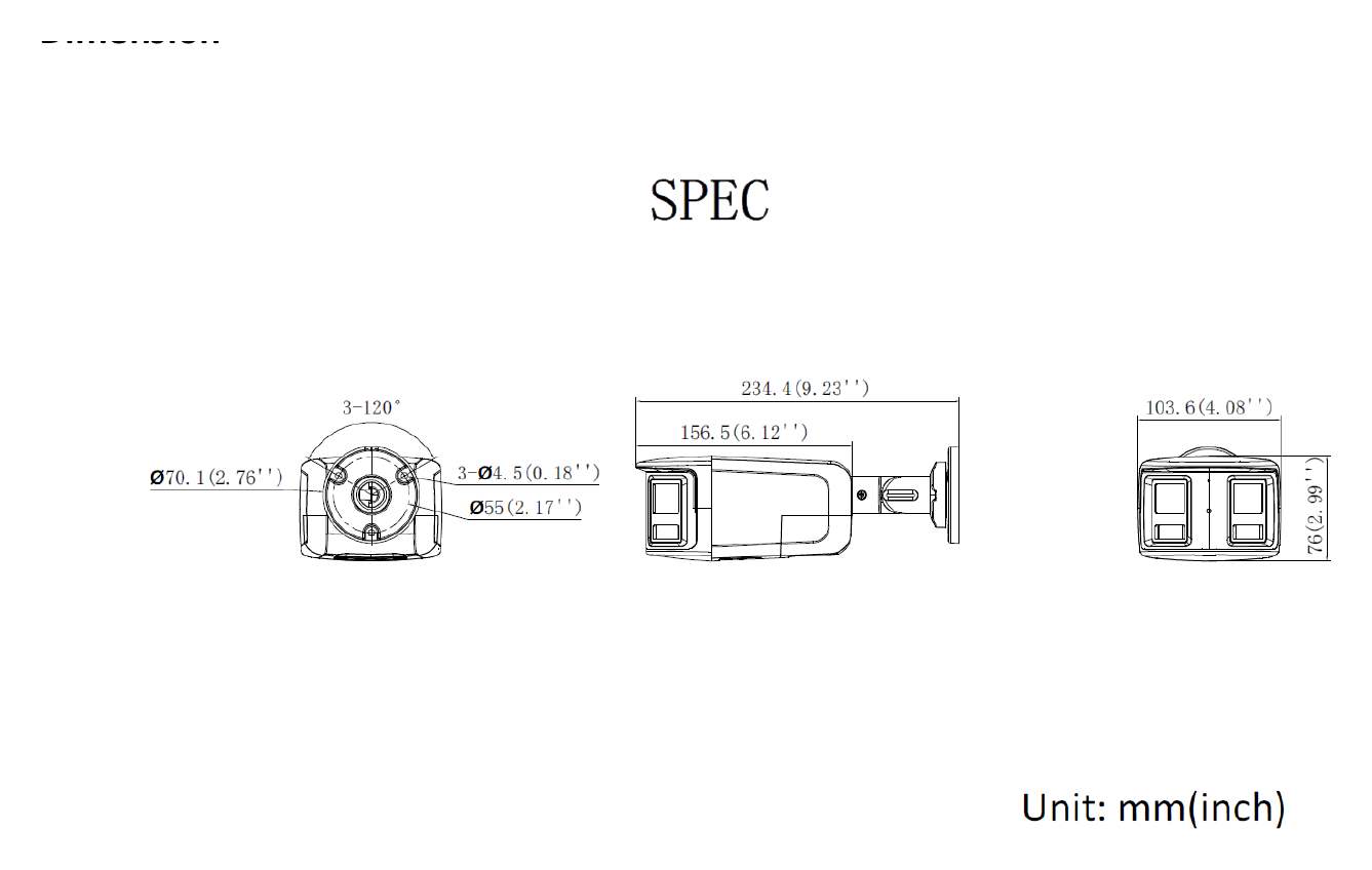 DS-2CFW06-P 外形尺寸圖 103.6 mm × 76 mm × 234.4 mm (4.1" × 3.0" × 9.23")｜重量 Approx. 650 g (1.4 lb.)｜Unit: mm