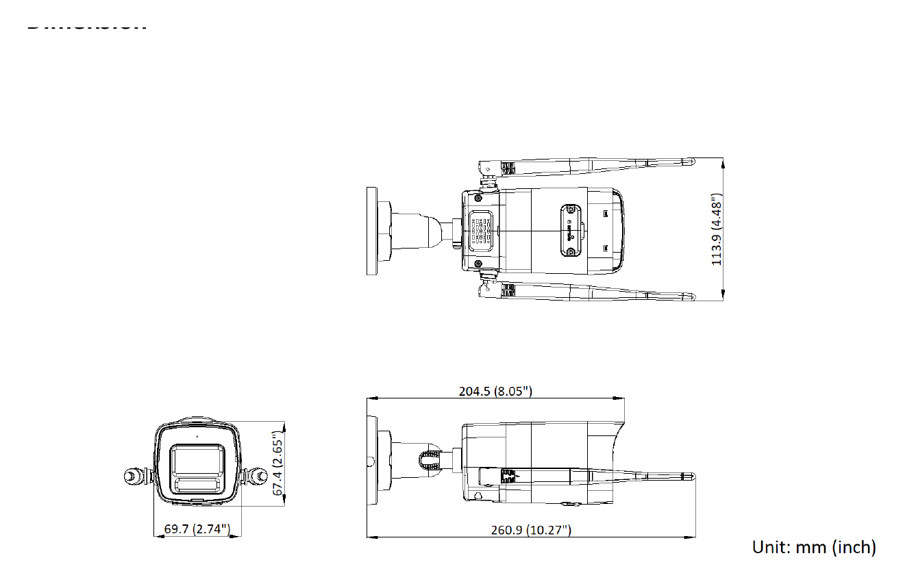 DS-2CV1023G2-LIDWFB 外形尺寸圖 260.9 mm × 113.9 mm × 67.4 mm (10.3" × 4.5" × 2.7")｜重量 Approx. 310 g (0.68 lb.)｜Unit: mm