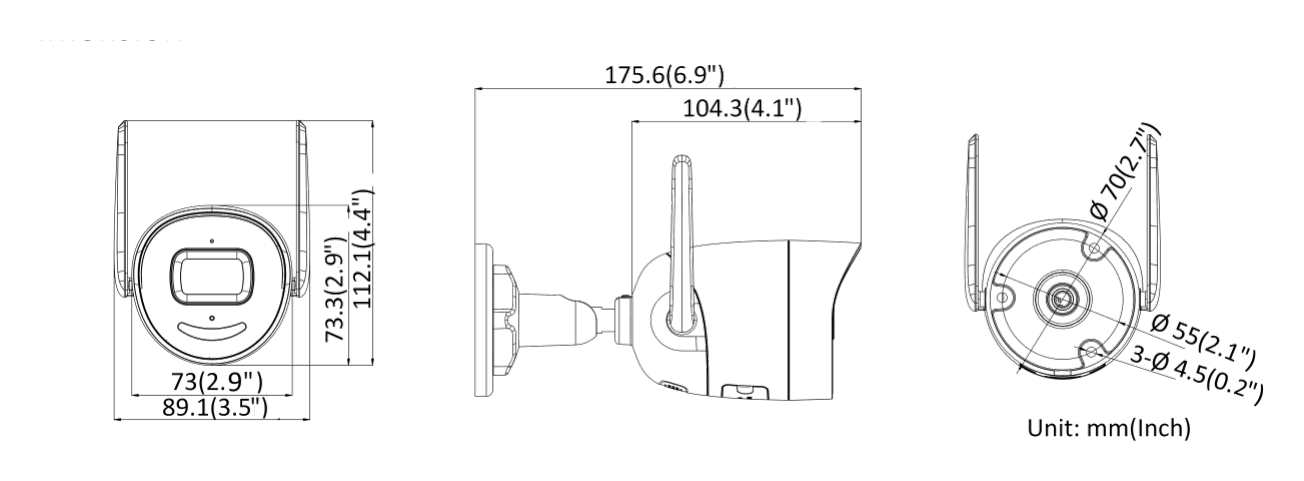 DS-2CV1041G1-IDW-E 外形尺寸圖 175.6 mm × 73 mm × 89.1 mm (6.9" × 2.9" × 3.5")｜重量 Approx. 345 g (0.8 lb.)｜Unit: mm