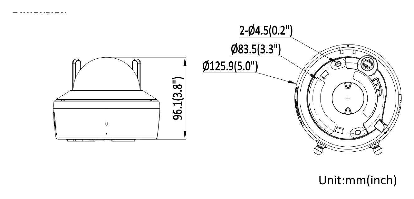 DS-2CV1143G2-IDWFB 外形尺寸圖 Ø 125.9 mm × 96.1 mm (Ø 5" × 3.8")｜重量 Approx. 590 g (1.3 lb.)｜Unit: mm