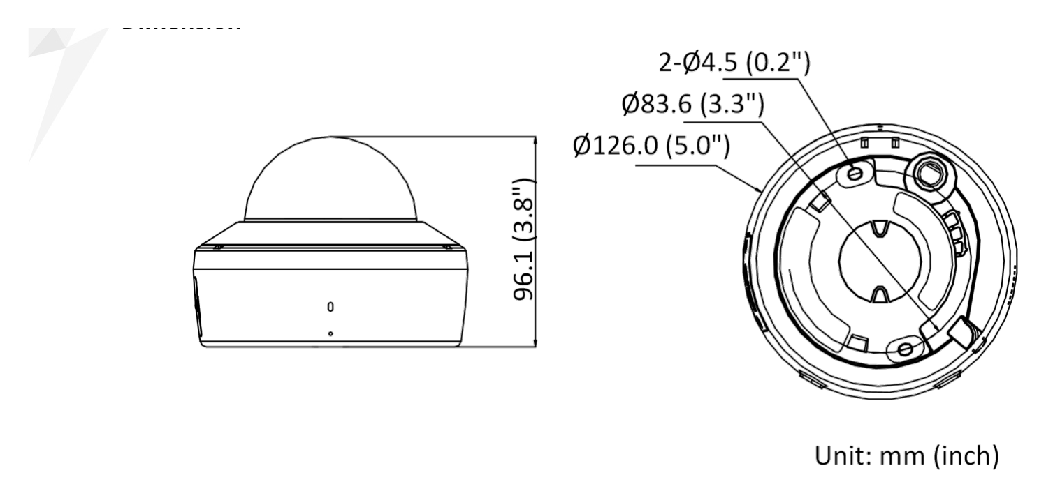 DS-2CV2121G2-IDW-E 外形尺寸圖 Ø 126 mm × 96.1 mm (Ø 5" × 3.8")｜重量 Approx. 590 g (1.3 lb.)｜Unit: mm