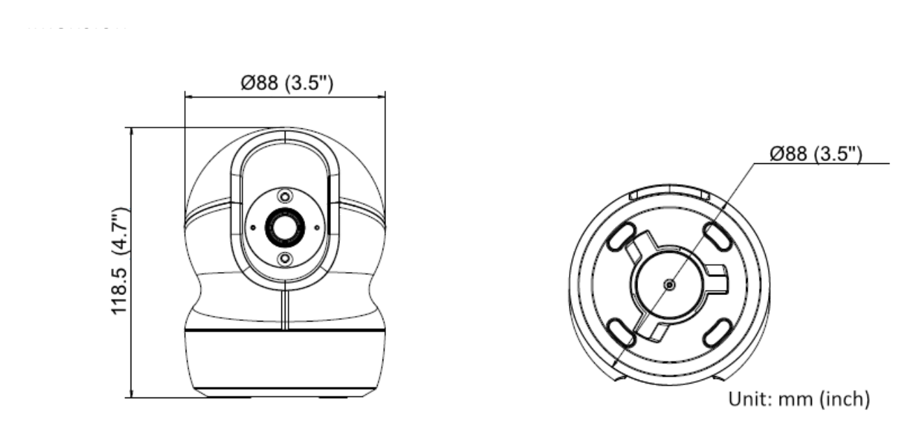 DS-2CV2Q21G0-IDWW 外形尺寸圖 Ø 88 mm × 118.5 mm (Ø 3.5" × 4.7")｜重量 Approx. 218 g (0.48 lb.) Startup and Operating -10 °C to 45°C (14 °F to 113 °F). H