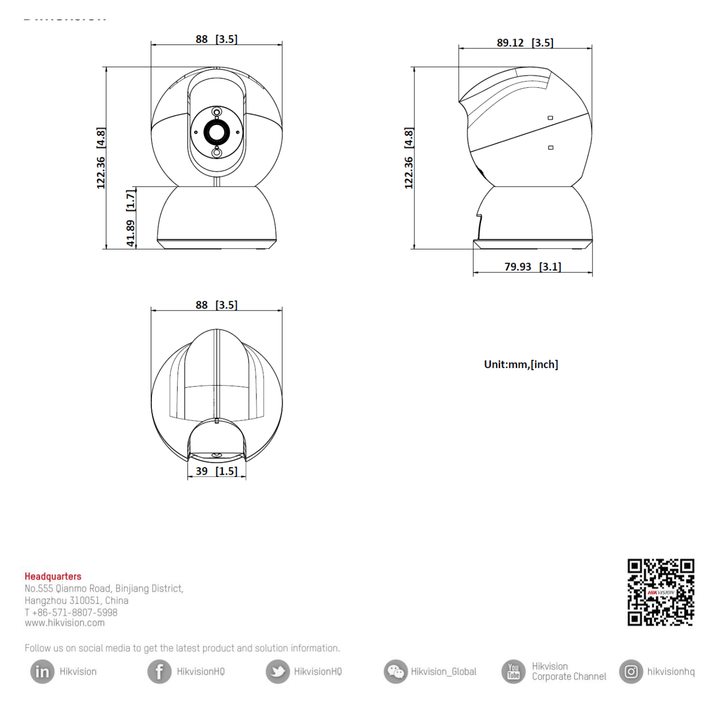 DS-2CV2Q21G1-IDW-W 外形尺寸圖 Ø 80 mm × 122 mm (Ø 3.14" × 4.8")｜重量 Approx. 216 g (0.48 lb.)｜Unit: mm