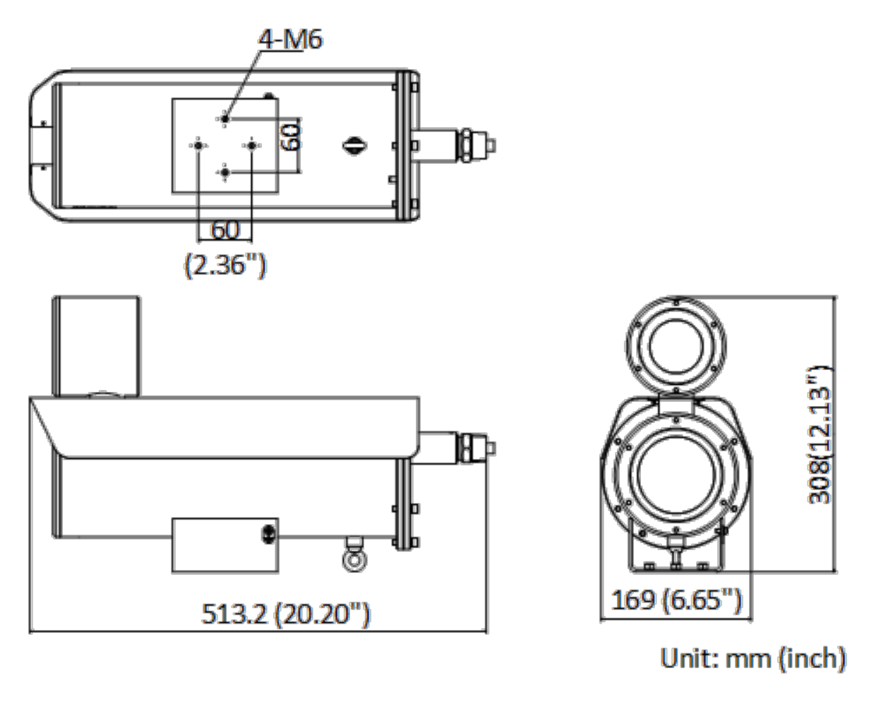 DS-2DB4223I-CXT5 外形尺寸圖 513.2 × 169 × 308 mm (20.2"× 6.65" × 12.13")｜重量 Approx. 16.5 kg (36.38 lb.)｜Unit: mm