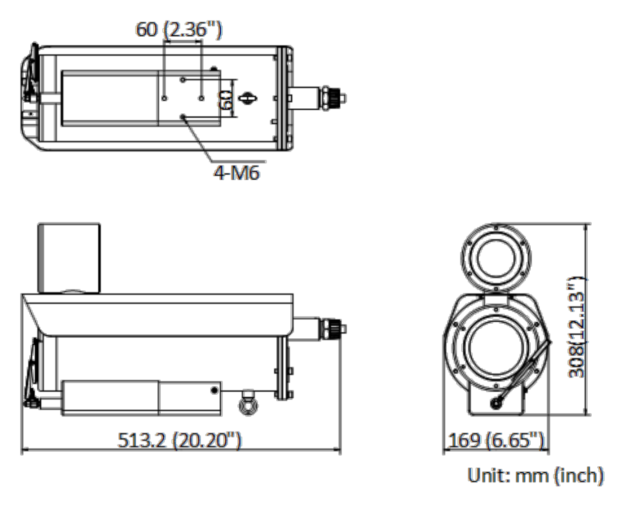 DS-2DB4236I-CWXT5-316L 外形尺寸圖 513.2 × 169 × 308 mm (20.2"× 6.65" × 12.13")｜重量 19.8 kg (43.66 lb.)｜Unit: mm