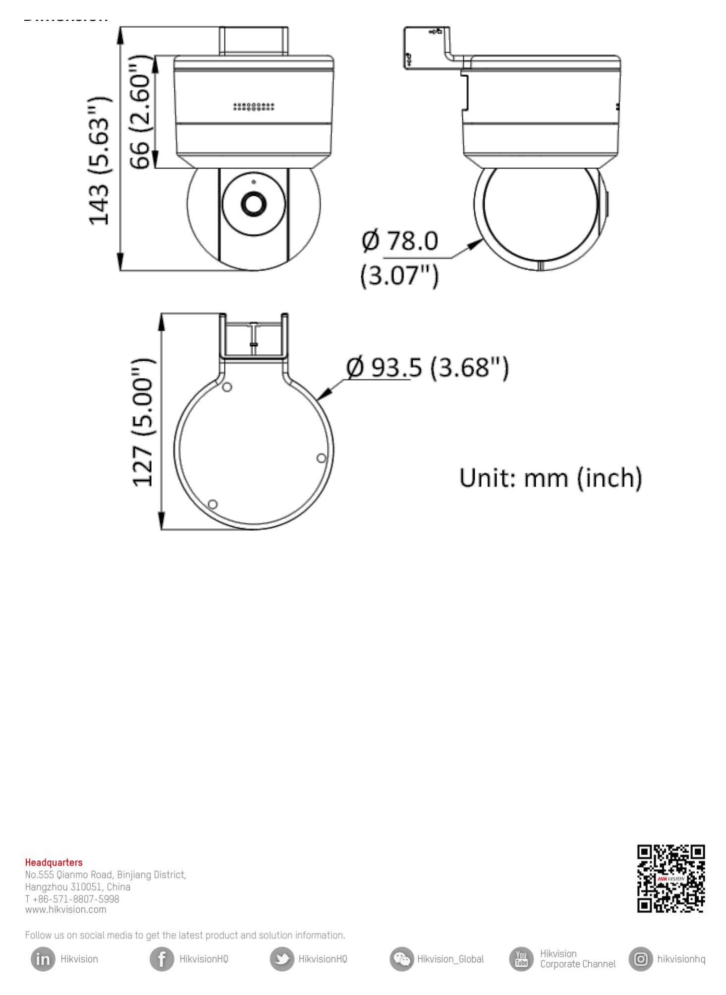 DS-2DE1C200IW-DE3F1S7 外形尺寸圖 127 mm × 93.5 mm × 143 mm (5.00" × 3.68" × 5.63")｜重量 Approx. 275 g (0.61 lb.)｜Unit: mm