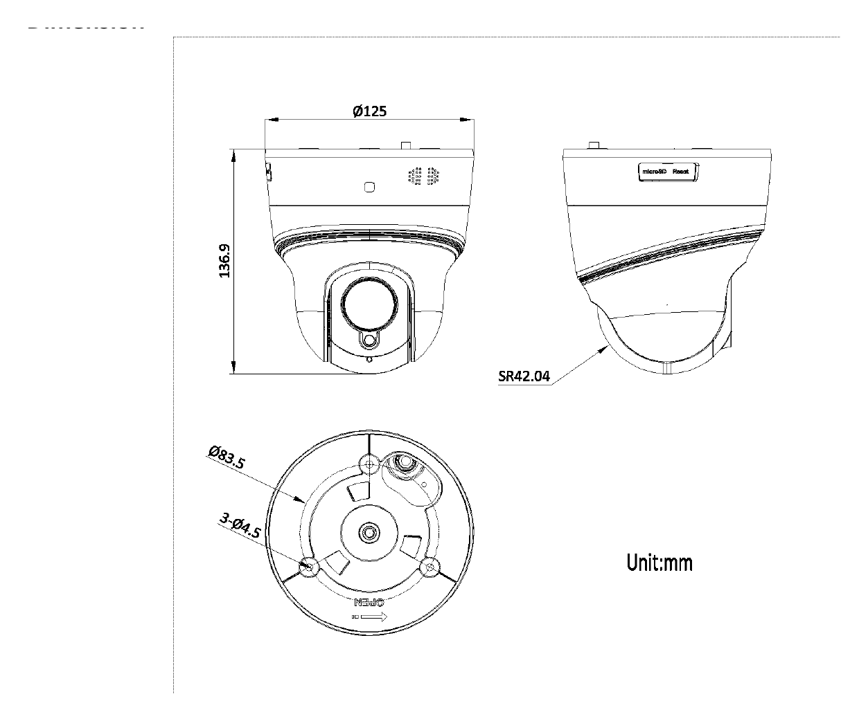 DS-2DE2204MWG-E3 外形尺寸圖 Ø 125 × 137.2 mm (Ø 4.92" × 5.38")｜重量 Approx. 650 g (1.4 lb.)｜Unit: mm