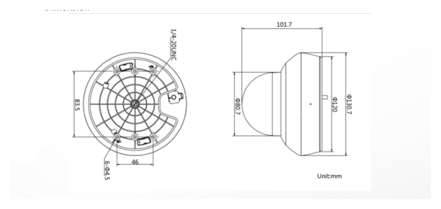 DS-2DE2A404IW-DE3S6-C 外形尺寸圖 Ø 130.7 mm ×101.7 mm (Ø 5.15" × 4.00")｜重量 Approx. 530 g (1.17 lb.)｜Unit: mm