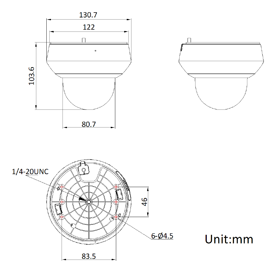 DS-2DE2A404IWG1-E-W 外形尺寸圖 Ø 130.7 mm × 103.6 mm (Ø 5.15" × 4.00")｜重量 Weight: Approx. 560 g (1.23 lb.),With Package Weight: Approx. 780 g (1.72 lb.