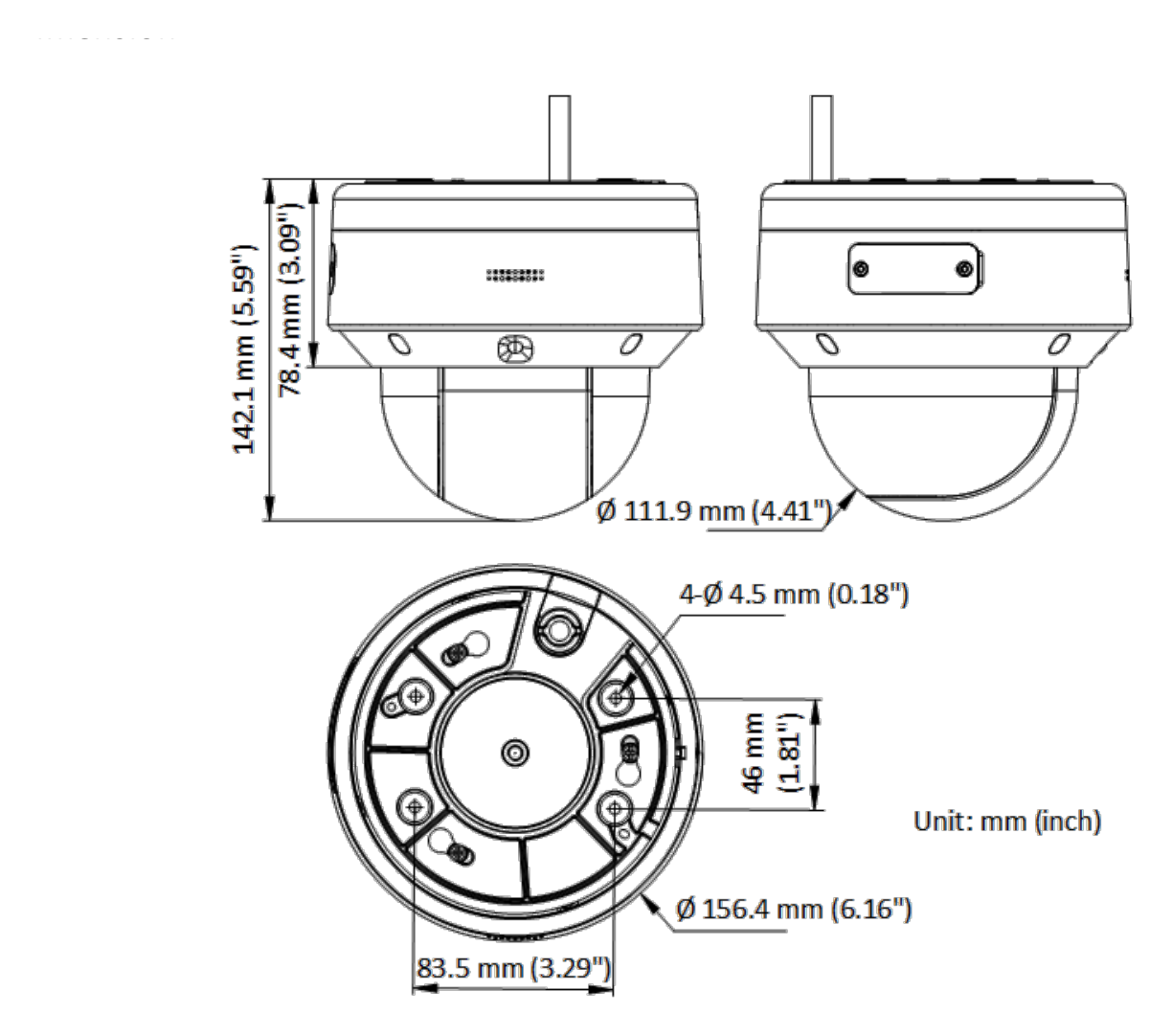 DS-2DE3C210IX-DEC1T5 外形尺寸圖 Ø 156.4 mm × 142.1 mm (Ø 6.16" × 5.59")｜重量 Approx. 1.90 kg (4.19 lb.)｜Unit: mm