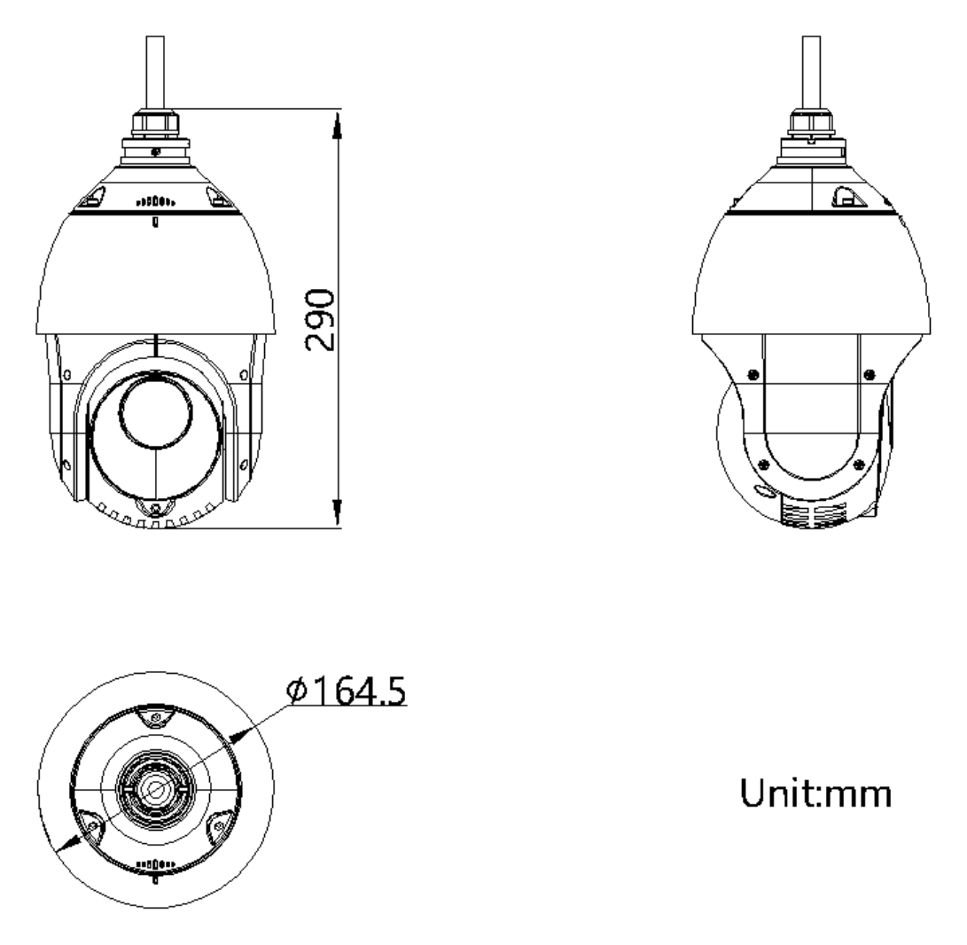 DS-2DE4425IWG-E 外形尺寸圖 Ø164.5 × 290 mm(Ø6.48″ × 11.42″)|重量約 2 kg|Unit: mm