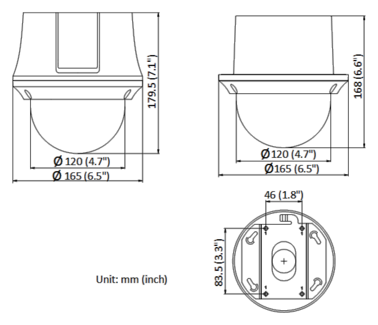 DS-2DE4425WG1-E3 外形尺寸圖 Ø 165 mm × 179.5 mm (Ø 6.5" × 7.1")｜重量 Approx. 2 kg (4.41 lb.)｜Unit: mm