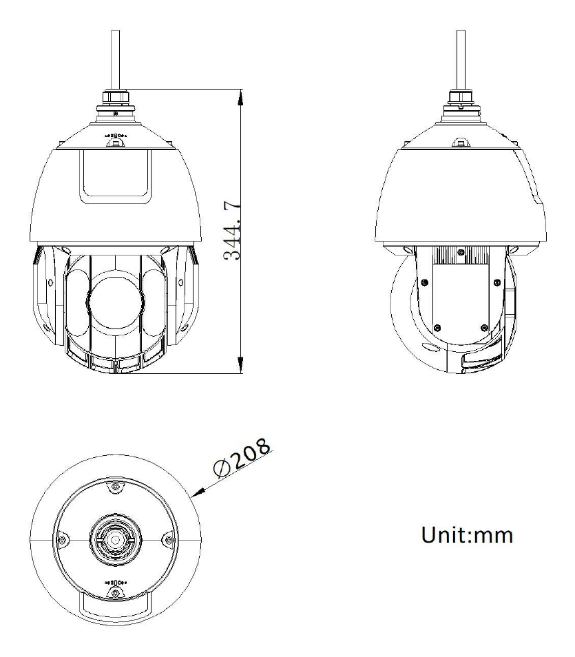 DS-2DE5425IWG-4G 外形尺寸圖 Ø 208 mm × 344.8 mm｜重量 Approx. 3.5 kg (7.7 lb.)｜Unit: mm