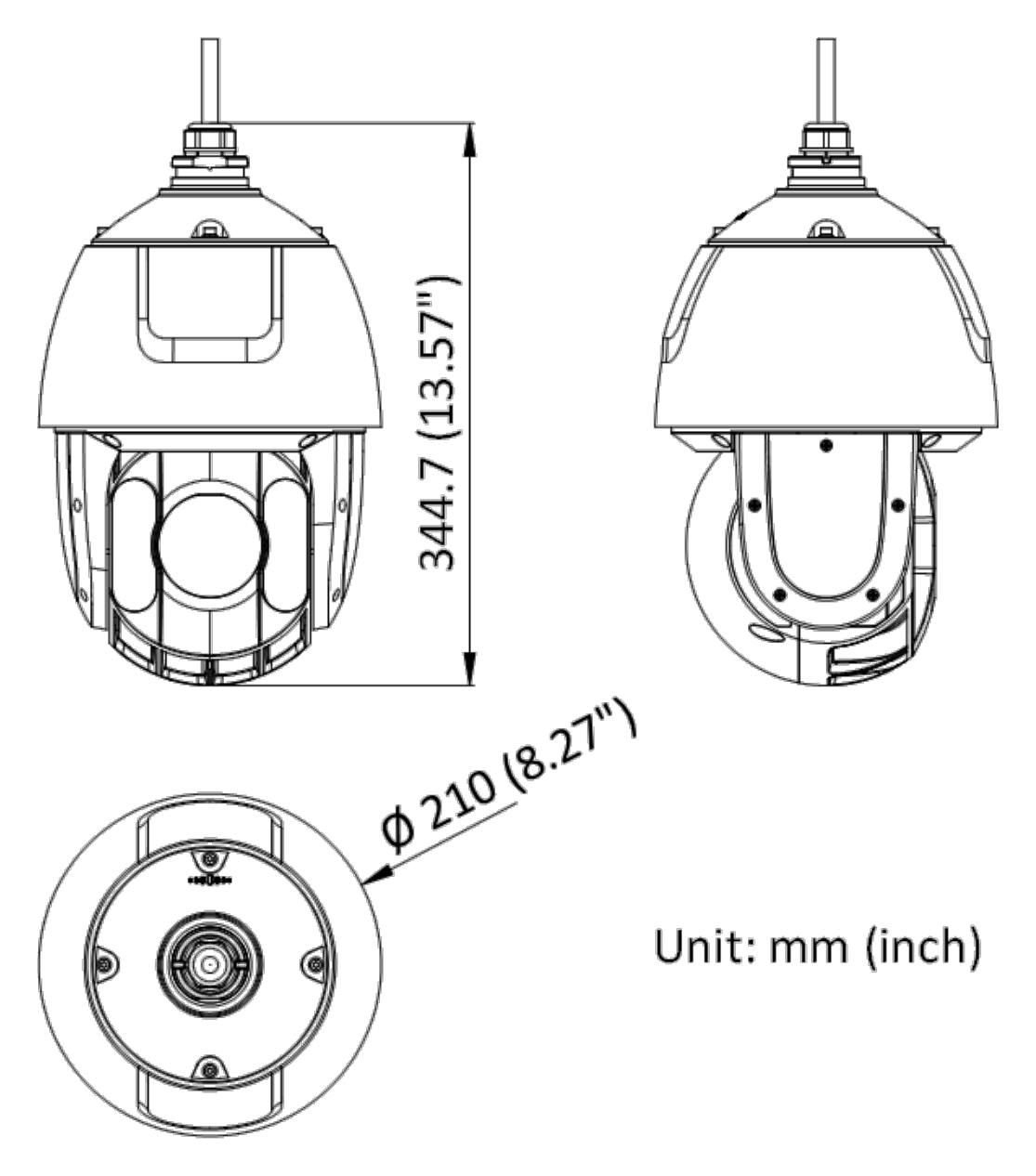 DS-2DE5425IWG-E-B 外形尺寸圖 Ø 210 mm × 344.7 mm (Ø 8.27" × 13.57")｜重量 Approx. 3.0 kg (6.61 lb.)｜Unit: mm