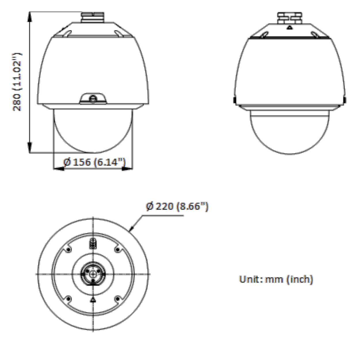 DS-2DE5432WG1-E 外形尺寸圖 Ø 220 mm × 280 mm (Ø 8.66" × 11.02")｜重量 Approx. 3.0 kg (6.61 lb.)｜Unit: mm