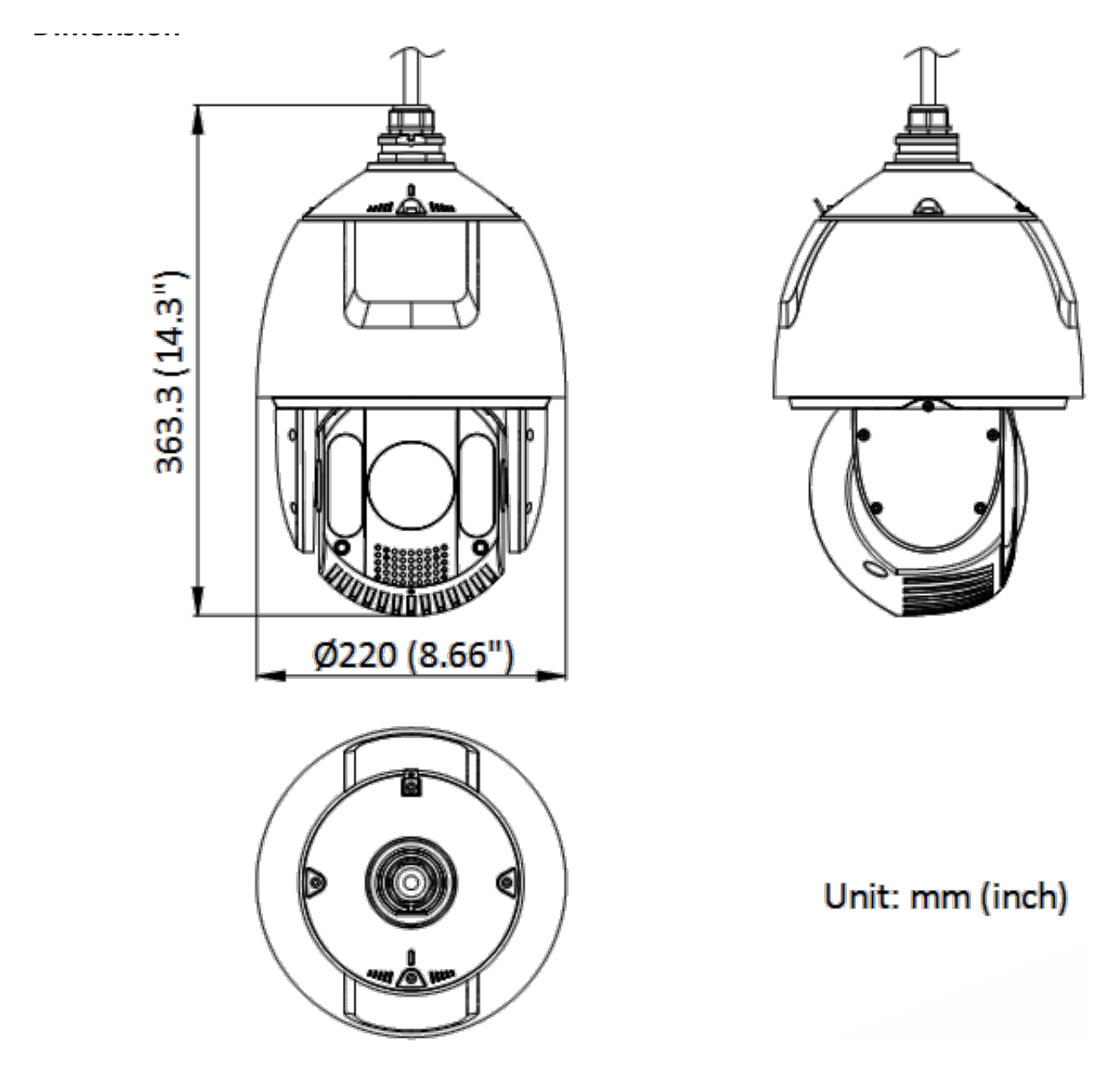 DS-2DE7A225IWG-EB-B 外形尺寸圖 Ø 220 mm × 363.3 mm (Ø 8.66" × 13.91")｜重量 Approx. 5 kg (11.03 lb.)｜Unit: mm