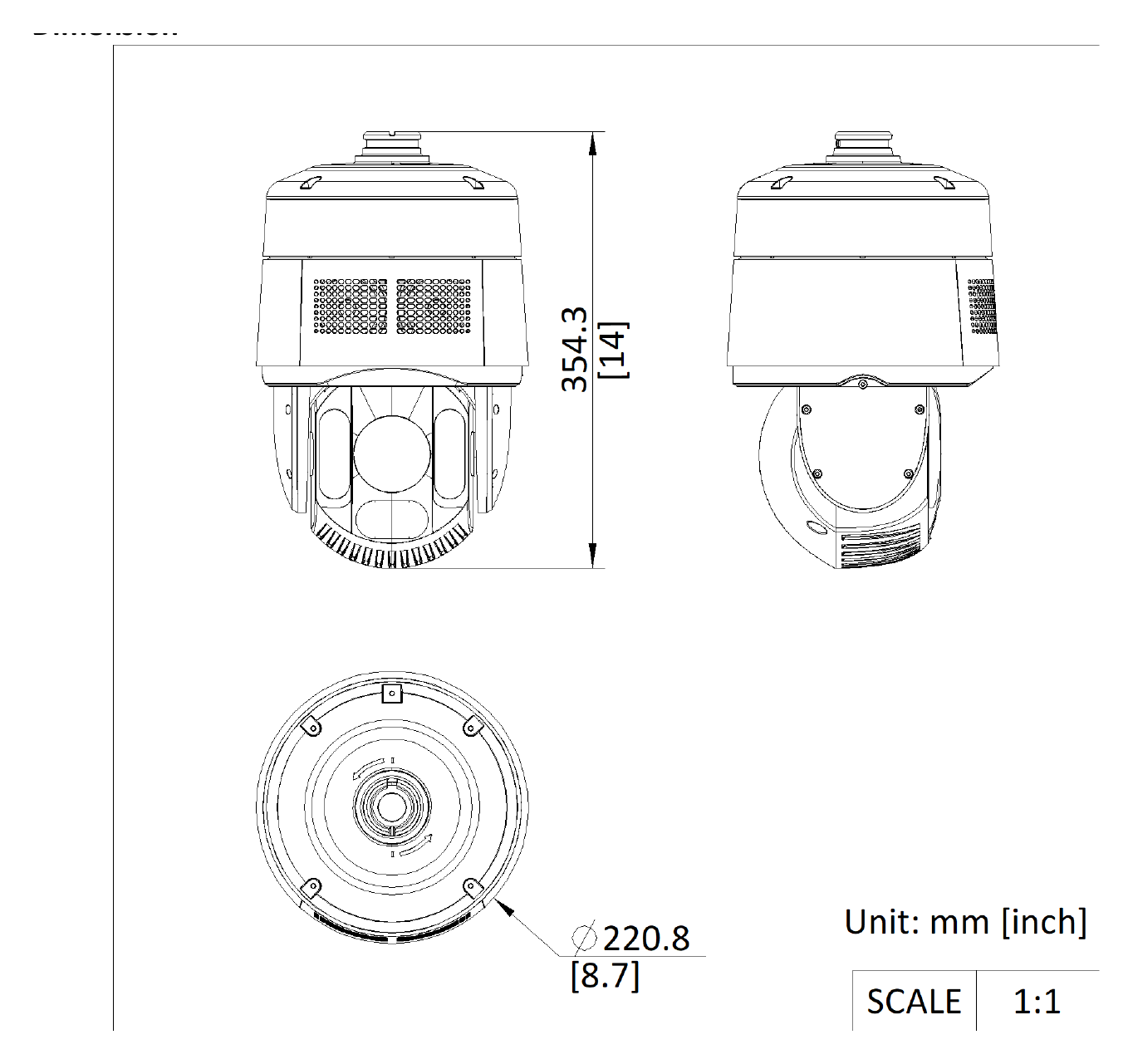 DS-2DE7A225IWG-EB 外形尺寸圖 Ø 220 mm × 363.3 mm (Ø 8.66" × 13.91")｜重量 Approx. 5 kg (11.03 lb.)｜Unit: mm