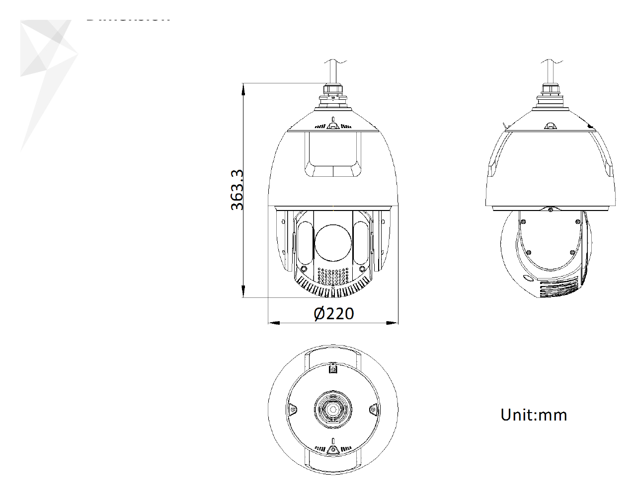 DS-2DE7A232IW-AEBT5 外形尺寸圖 Ø 220 mm × 363.3 mm (Ø 8.66" × 13.91")｜重量 Approx. 5 kg (11.03 lb.) IP66 (IEC 60529-2013), IK10 (excluding glass window),