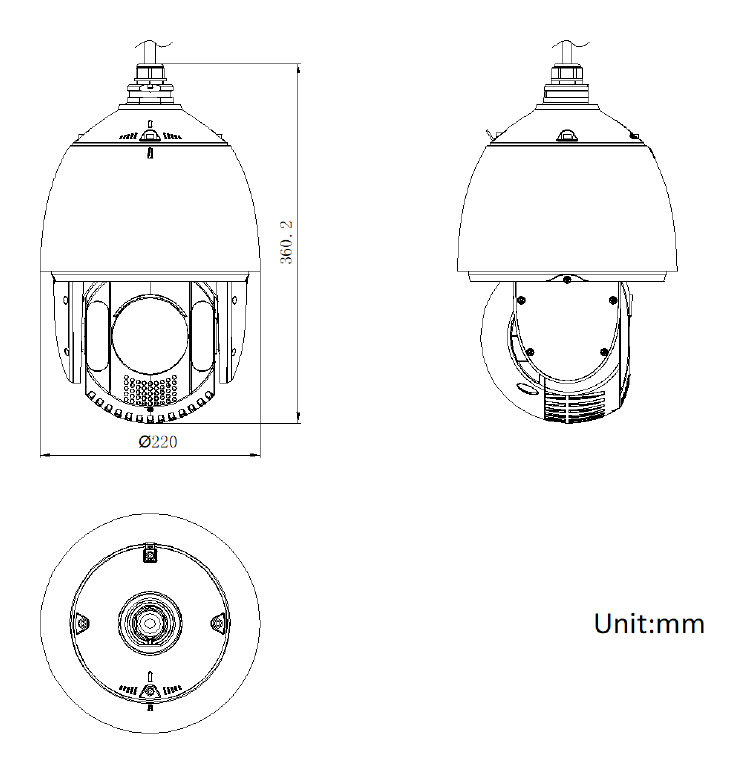 DS-2DE7A425MWG-EB 外形尺寸圖 Ø 220 mm × 360.2 mm (Ø 8.66" × 14.18")｜重量 Approx. 5.5 kg (12.13 lb.)｜Unit: mm