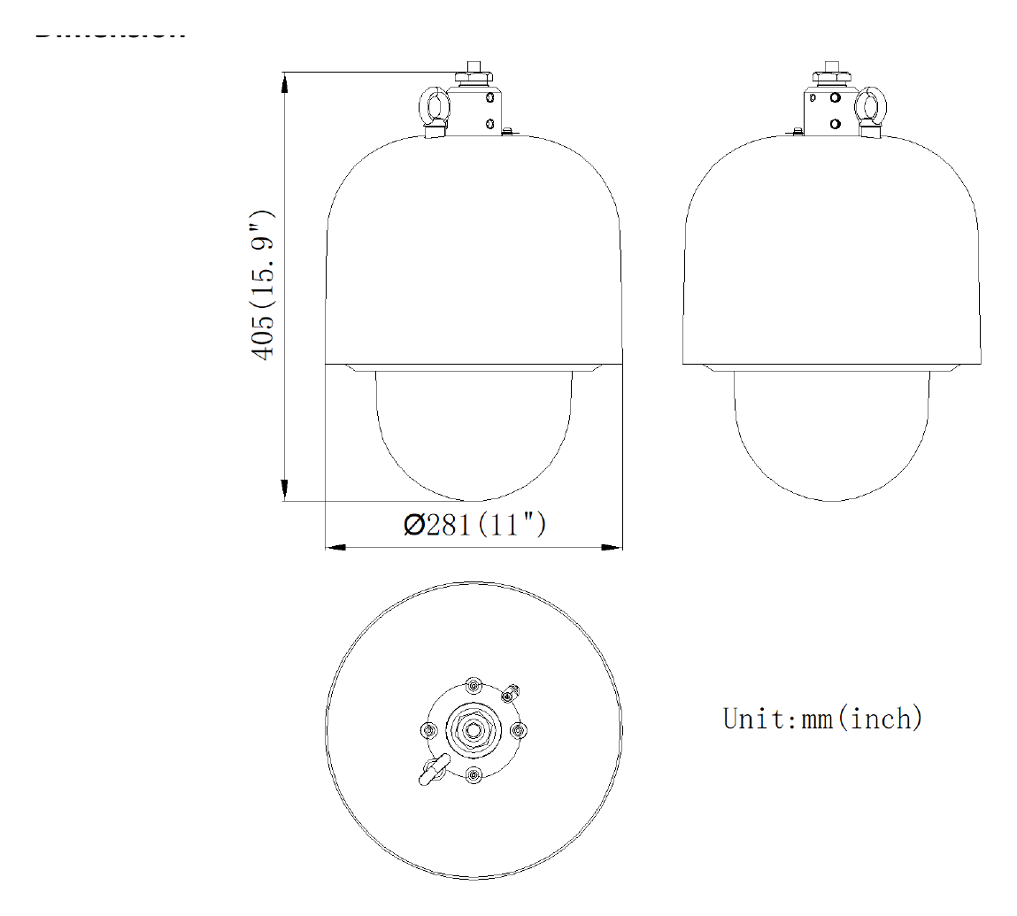 DS-2DF6223-CXT5 外形尺寸圖 Φ 281 mm × 405 mm（Φ 11" × 15.9")｜重量 22 kg (48.52 lb.)｜Unit: mm