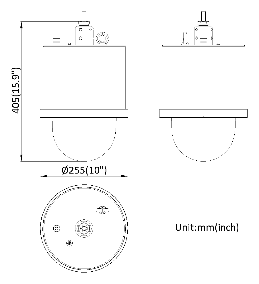 DS-2DF6C431-CXT5 外形尺寸圖 Φ 255 mm × 405 mm（Φ 10" × 15.9")｜重量 13.2 kg (29.11 lb.)｜Unit: mm