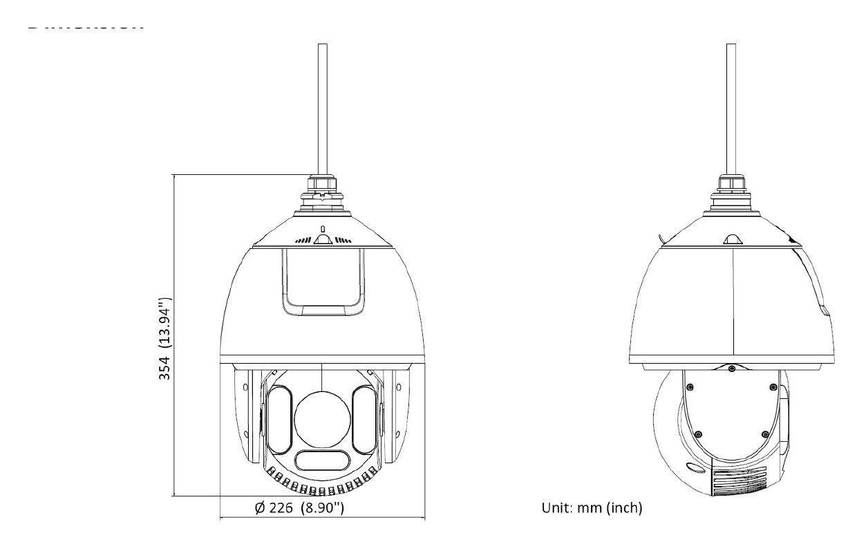 DS-2DF7C445IXR-AELT5 外形尺寸圖 Ø 226 mm × 354 mm (Ø 8.90" × 13.94")｜重量 Approx. 5.0 kg (11.02 lb.) FCC SDoC (47 CFR Part 15, Subpart B); CE-EMC (EN 5503