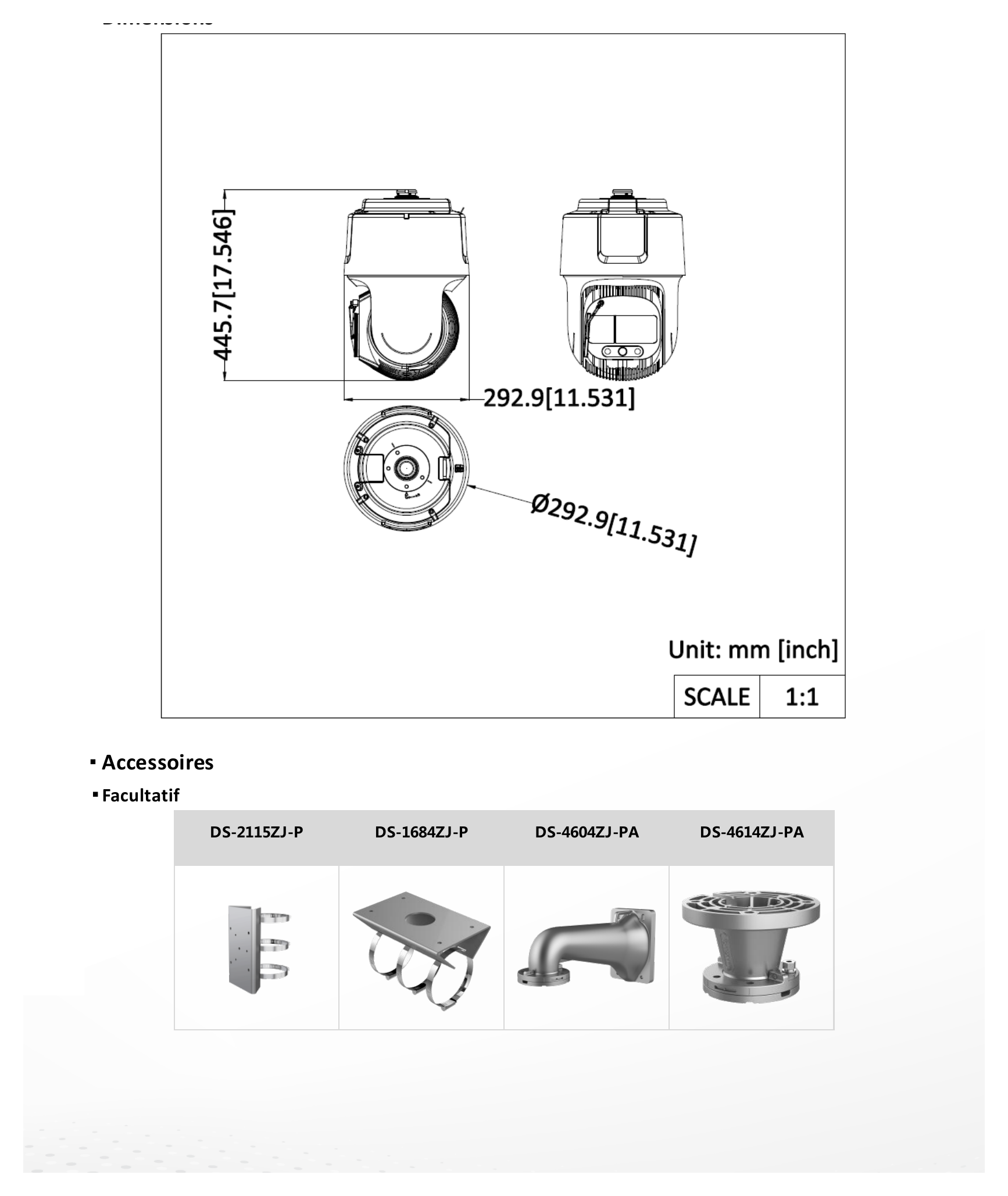 DS-2DF9C848LXG1-LW 外形尺寸圖 Φ 292,9 mm × 445,7 mm (Φ 11,5" × 17,6")｜Unit: mm