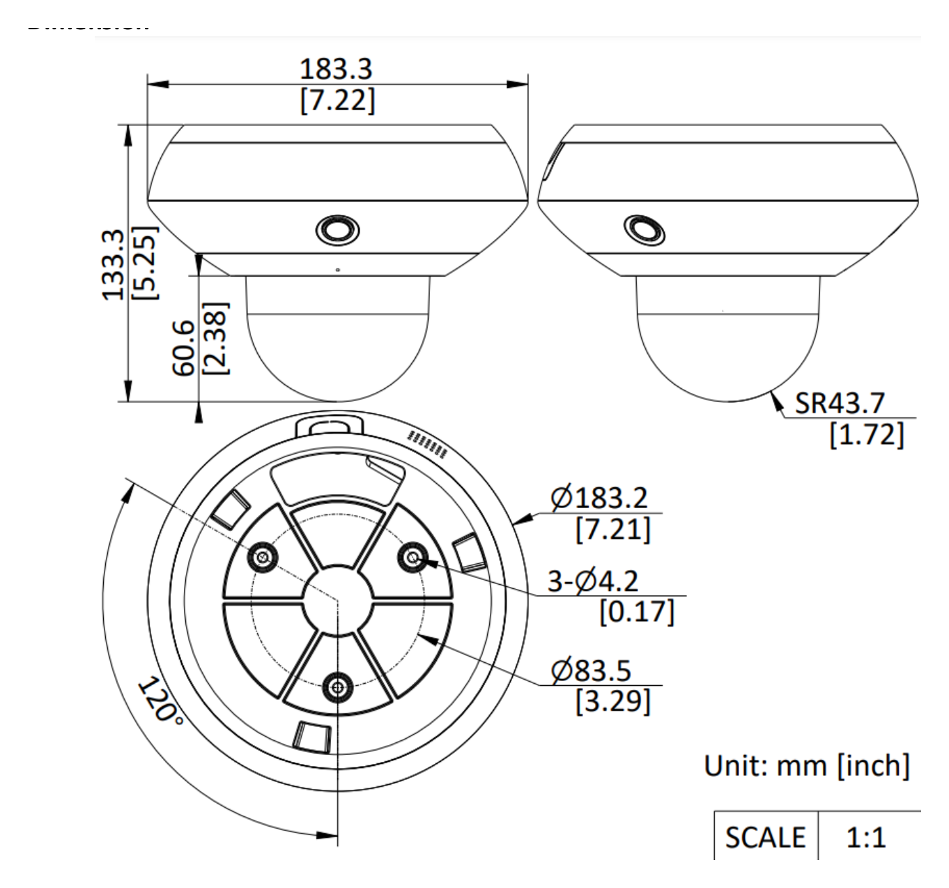 DS-2DP3D404IWG1-E 外形尺寸圖 Ø 183.2 mm × 128.6 mm (Ø 7.2" × 5.2")｜重量 Approx. 0.9 kg (1.98 lb.)｜Unit: mm