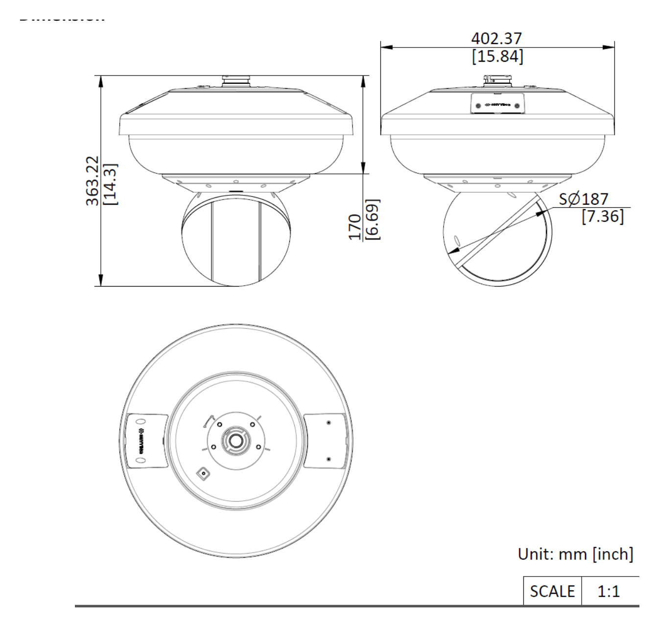 DS-2DP7D425IXG1-LEF 外形尺寸圖 Ø 402.37 mm × 363.22 mm (Ø 15.84" × 14.3")｜重量 Weight Approx. 9.67 kg (21.32 lb.) With Package Weight Approx. 12.69 kg (2