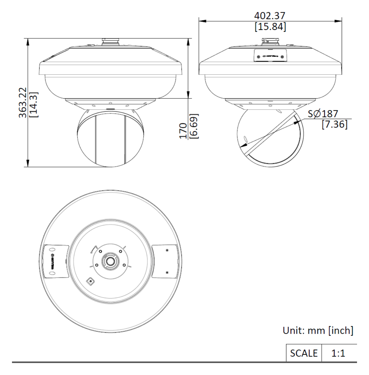 DS-2DP7D436IXG1-LEFY 外形尺寸圖 Ø 402.37 mm × 363.22 mm (Ø 15.84" × 14.3")｜重量 Weight Approx. 9.67 kg (21.32 lb.) With Package Weight Approx. 12.69 kg (2