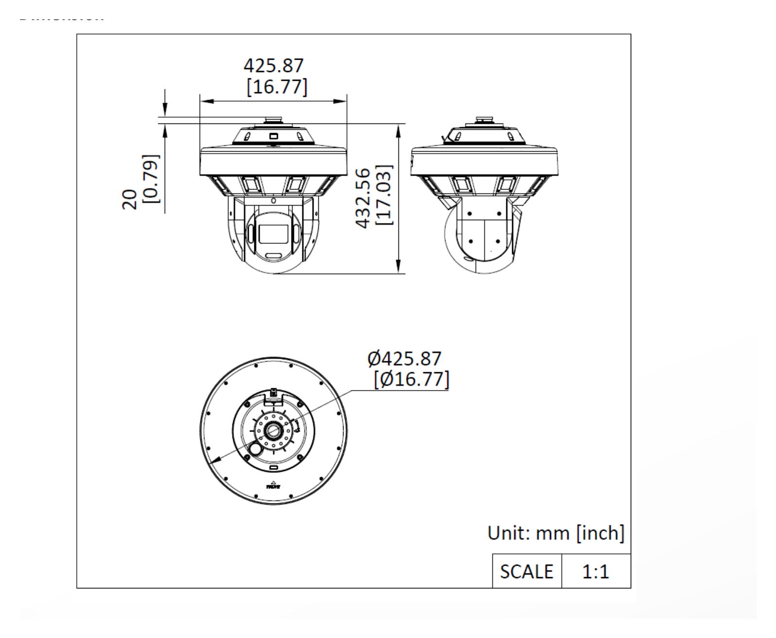 DS-2DP8A440IXG1-LEF 外形尺寸圖 Ø 427.6 mm × 425.9 mm (Ø 16.8" × 16.7")｜重量 14.6kg｜Unit: mm
