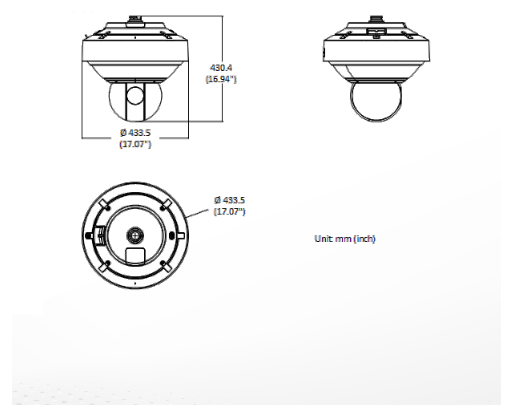 DS-2DP8A845IXG-LF-864F0 外形尺寸圖 Ø 433.5 mm x 430.4 mm (Ø 17.07" x 16.94")｜重量 Approx. 18 kg (39.68 lb.)｜Unit: mm