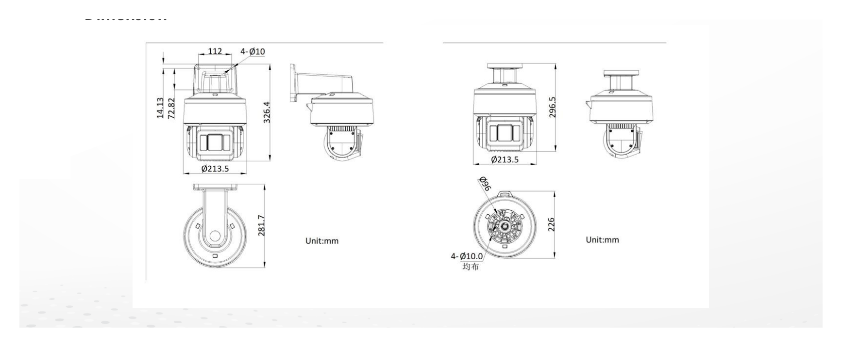 DS-2DT5432MWG-T-PA 外形尺寸圖 Ø 213.5 × 326.4mm｜重量 Approx. 4.3 kg (9.46 lb.) CE-EMC (EN 55032: 2015, EN 61000-3-2: 2019, EN 61000-3-3: 2013, EN 50130-