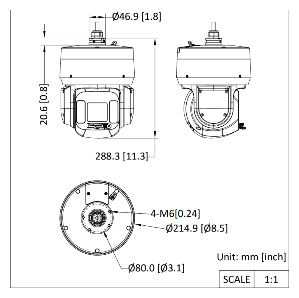 DS-2DV6C425MXG-ELW 外形尺寸圖 Ø 214.9 mm × 288.3 mm (Ø 8.5" × 11.3")｜重量 Approx. 6.1 kg (13.45 lb.)｜Unit: mm