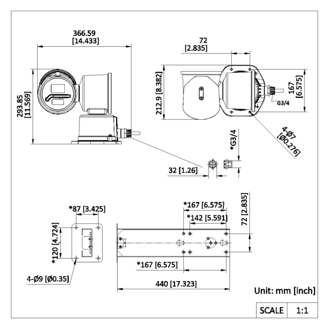 DS-2DY4425MXG0-WEXADC10M 外形尺寸圖 366.59 mm × 212.9 mm × 293.85 mm (16.52" × 8.37" × 11.56")｜重量 Approx. 6.5 kg (14.33 lb.)｜Unit: mm